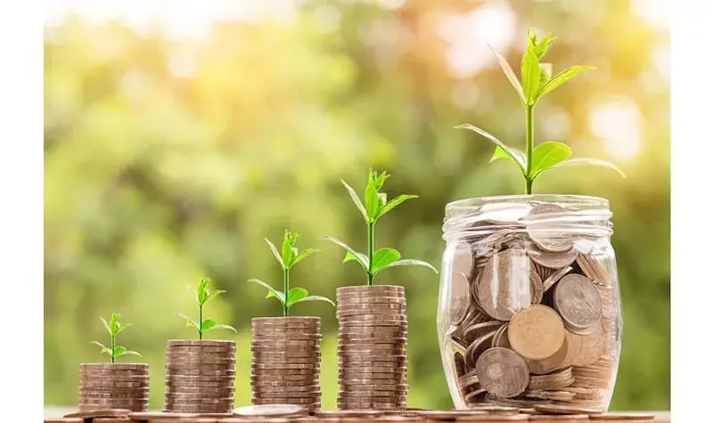 Row of coins arranged from high to low, ending in a jar of coins with small plants growing above it.