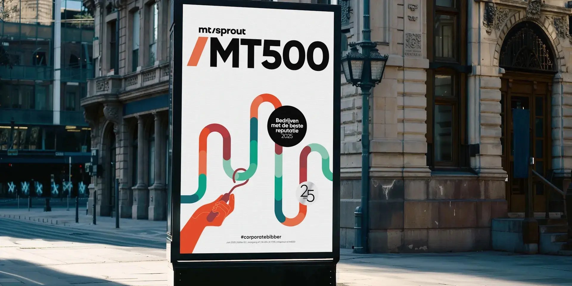 Poster met tekst “MT500 – Bedrijven met de beste reputatie 2025” en kleurrijke lijnen.