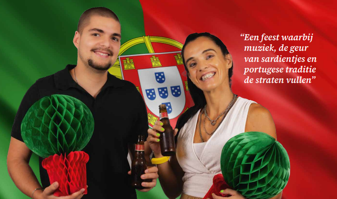 Man and woman standing in front of the Portuguese flag with beers in their hands.